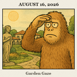 Bigfoot shields his eyes on a stone path at Philbrook Gardens, Tulsa, scanning the distance near the formal garden and sculpture garden.