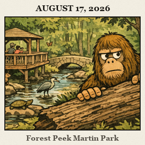 Bigfoot peeks from behind a fallen log on a shaded Martin Park Nature Center trail, watching the creek and wildlife.
