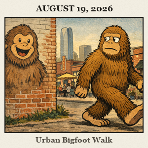 Bigfoot strides through Plaza District, Oklahoma City, with colorful murals and storefronts behind; a mural Bigfoot waves.