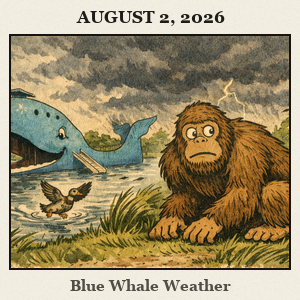 Bigfoot crouches by the Blue Whale of Catoosa as a summer storm approaches the pond; a duck lifts off from the water.