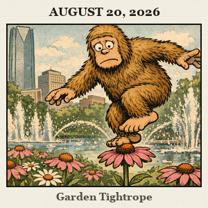 Bigfoot balances on a slender flower stem at Myriad Botanical Gardens, with fountains and the downtown skyline behind Crystal Bridge Conservatory.