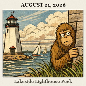 Friendly Bigfoot half-hidden behind Lake Hefner Lighthouse stone base, watching sailboats on a breezy lakefront with a big sky.