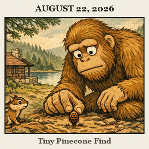 Bigfoot kneels in pine woods at Beavers Bend State Park, inspecting a tiny pinecone that looks like a forest map pin, with river and cabin hints nearby.