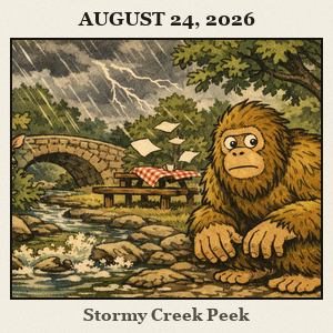 Bigfoot crouches by a shaded creek near a stone bridge and clear springs, reacting to an approaching gust in Chickasaw National Recreation Area.