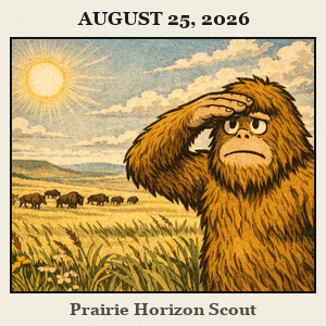 Bigfoot stands in tallgrass prairie, shielding eyes from sun, with rolling hills and a distant herd of bison under a wide blue Oklahoma sky.