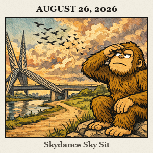 Bigfoot sits on a rock beside the river trail beneath Skydance Bridge, with the downtown skyline and dramatic Oklahoma sky above.