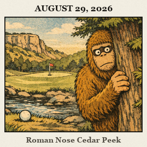 Bigfoot peeks from behind a cedar at Roman Nose State Park, canyon walls framing a golf green by the lodge.
