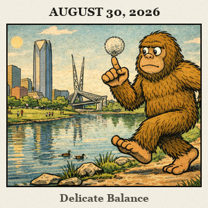 Bigfoot in Scissortail Park balancing a dandelion puff on his finger with the Oklahoma City skyline and lake in view.