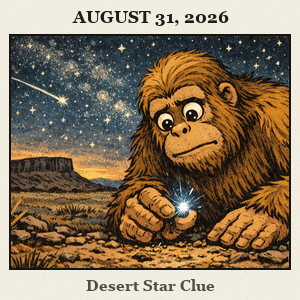 Bigfoot kneels on the far western mesa at Black Mesa State Park, inspecting a tiny glowing meteorite shard under a starry desert sky.