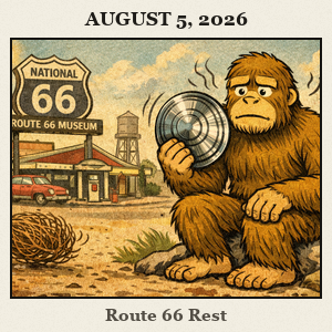Bigfoot sitting on a rock in front of the National Route 66 Museum in Elk City, with retro storefronts and western travel vibes.