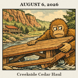 Bigfoot braces with both hands to haul a large cedar picnic table along a creek at Roman Nose State Park, with canyon walls, cedar trees, a lodge, and a distant golf green.
