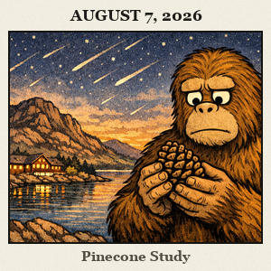 Bigfoot stands by a rocky ridge with a lake and lodge in the distance, holding a pinecone in both hands and examining it under a clear western Oklahoma sky.