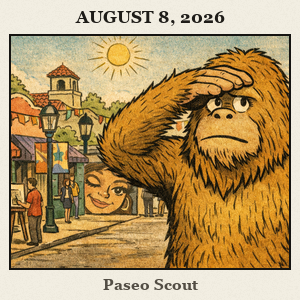 Bigfoot on a sunlit Paseo Arts District street, shielding his eyes while looking toward the distance; colorful stucco buildings, banners, and gallery entrances line the scene.