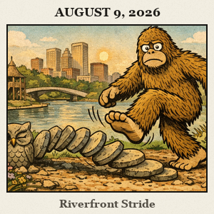 Bigfoot striding across Gathering Place in Tulsa with riverfront park, gardens, and a distant city skyline.