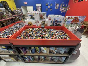 Large bins of loose LEGO bricks available at Bricksville in Edmond