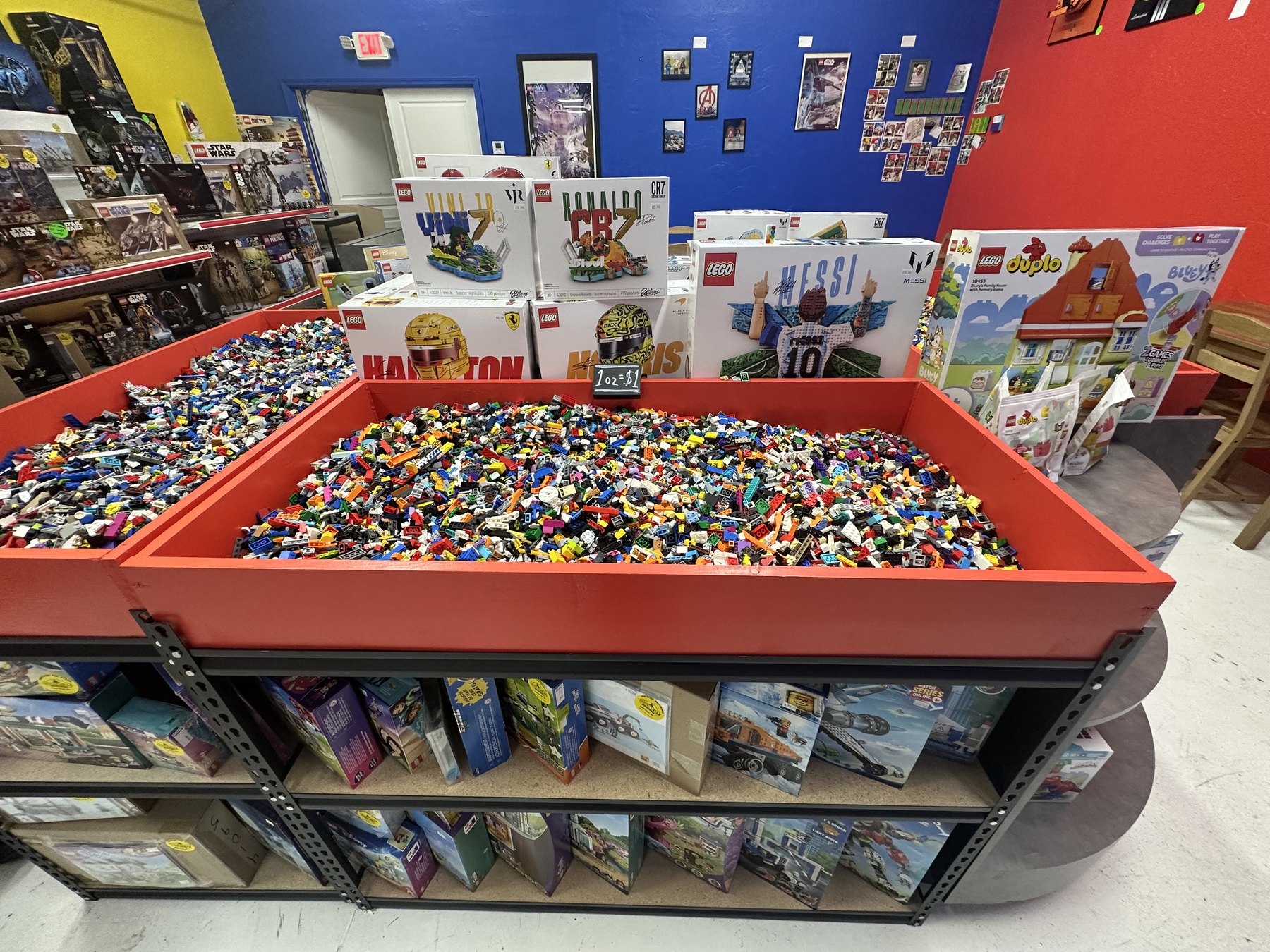 Large bins of loose LEGO bricks available at Bricksville in Edmond