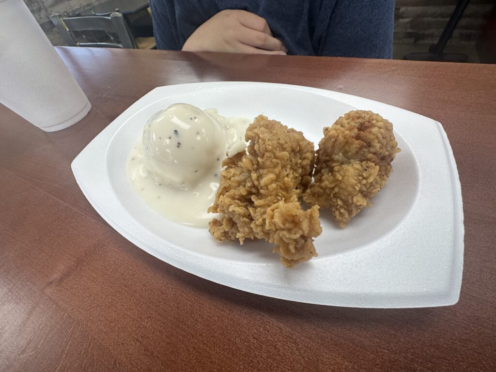 Fried chicken chunks with mashed potatoes and white gravy at Charlie’s Chicken in Tulsa.