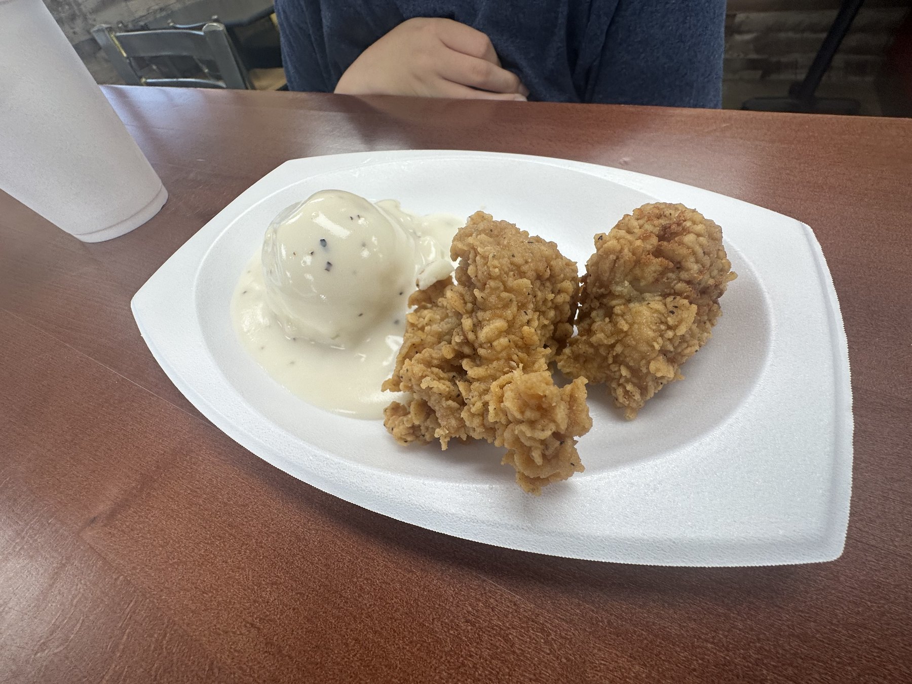 Fried chicken chunks with mashed potatoes and white gravy at Charlie’s Chicken in Tulsa.
