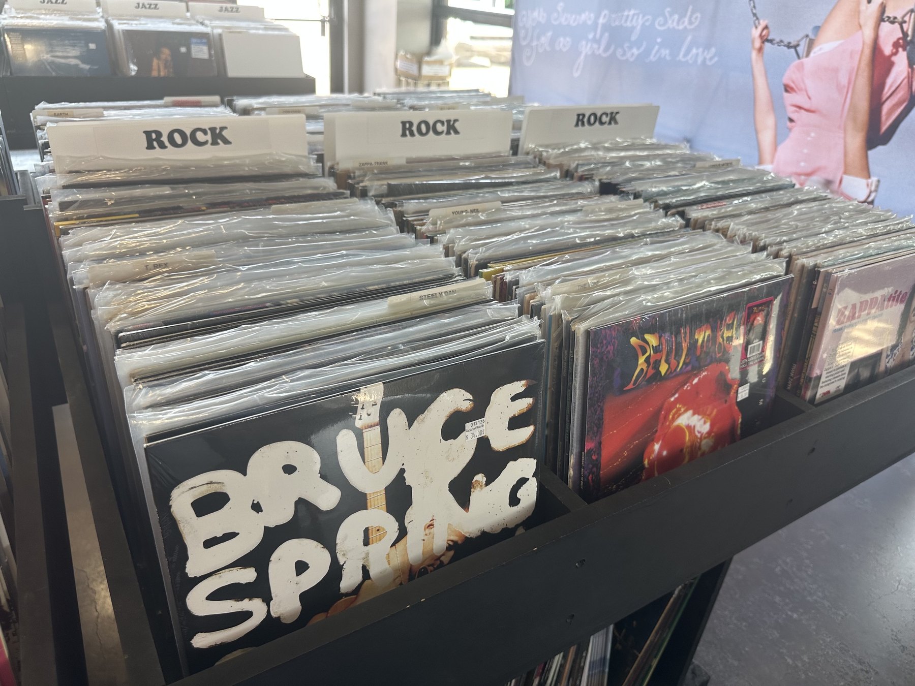 Rock vinyl bins with a Bruce Springsteen record at Guestroom Records Edmond.