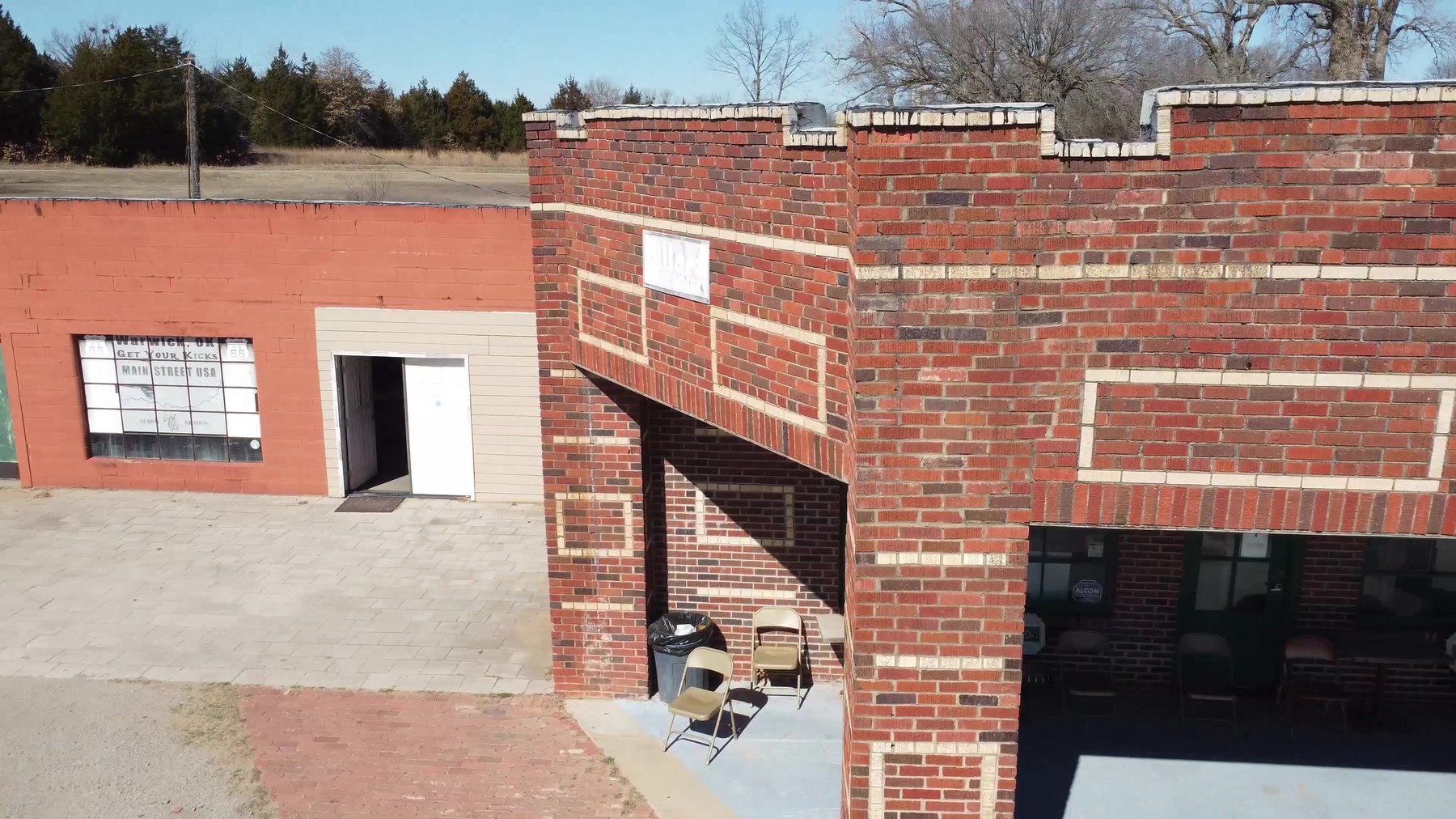Brick exterior of Seaba Station Motorcycle Museum along Route 66 in Warwick, Oklahoma.