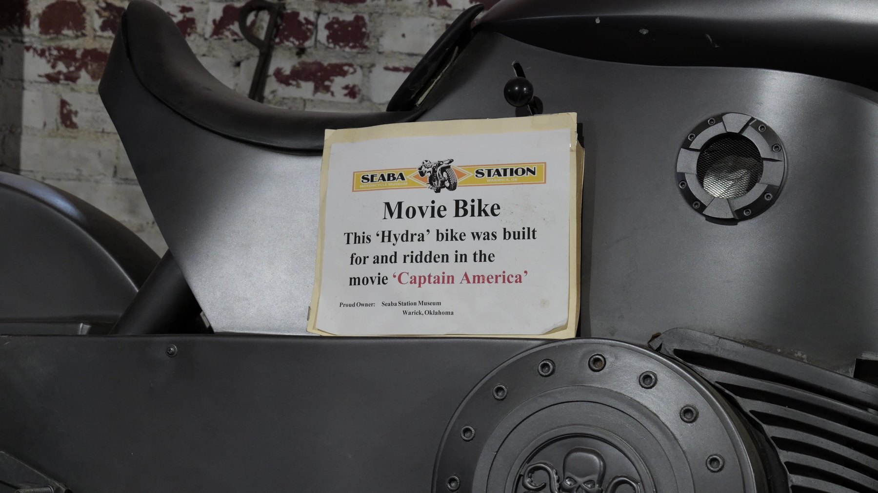Sign identifying the Captain America Hydra movie bike at Seaba Station Motorcycle Museum in Warwick, Oklahoma.