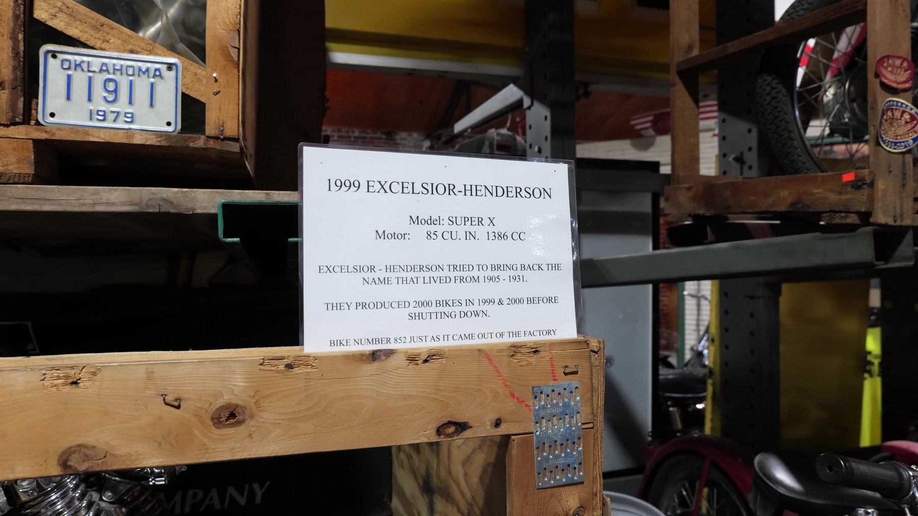 Display sign for a 1999 Excelsior-Henderson Super X motorcycle at Seaba Station Motorcycle Museum.