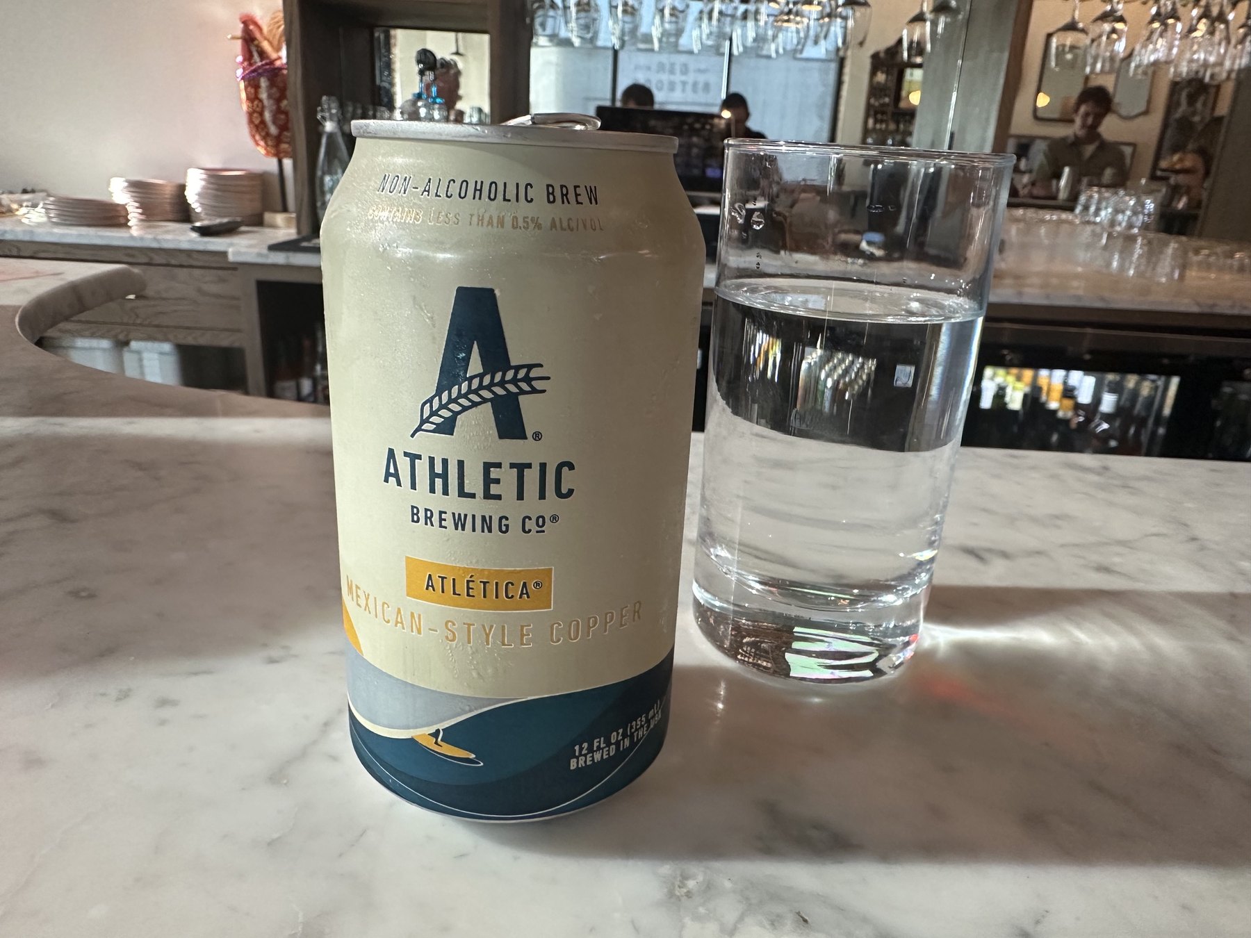 Athletic Brewing non-alcoholic beer on the bar at Red Rooster in Oklahoma City