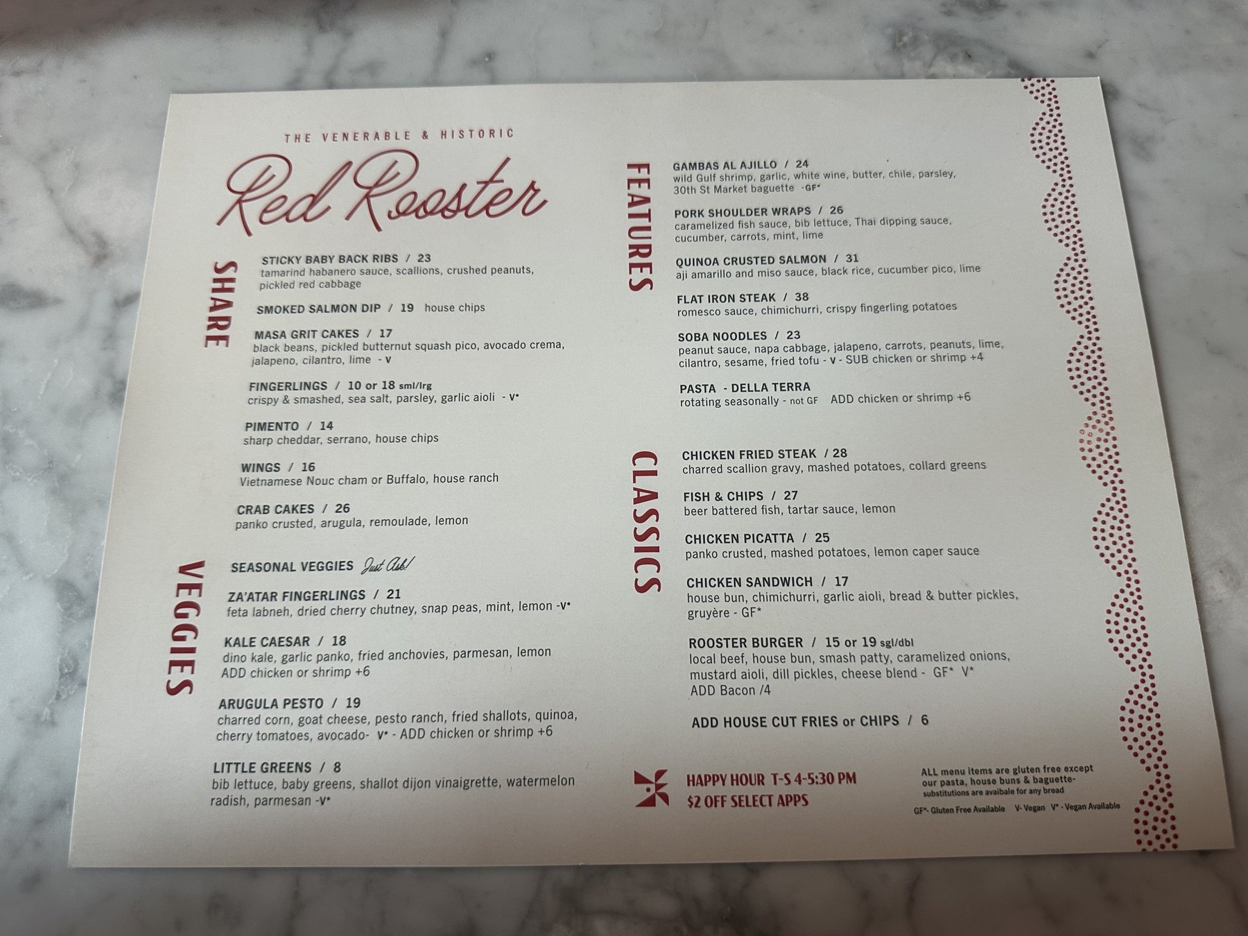 Printed Red Rooster menu with share plates, vegetables, features, and classics