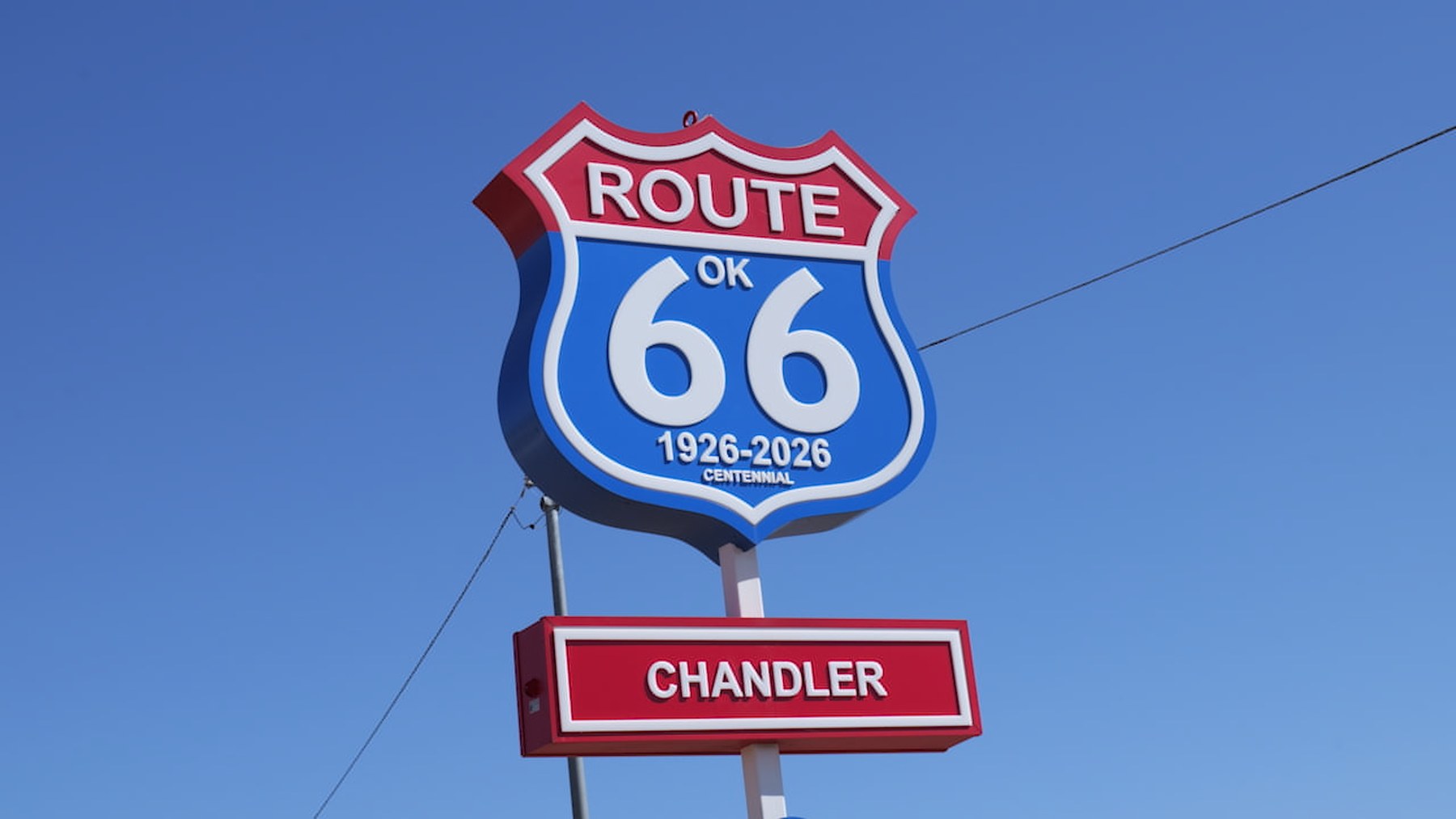 Route 66 centennial sign in Chandler, Oklahoma near the Route 66 Interpretive Center