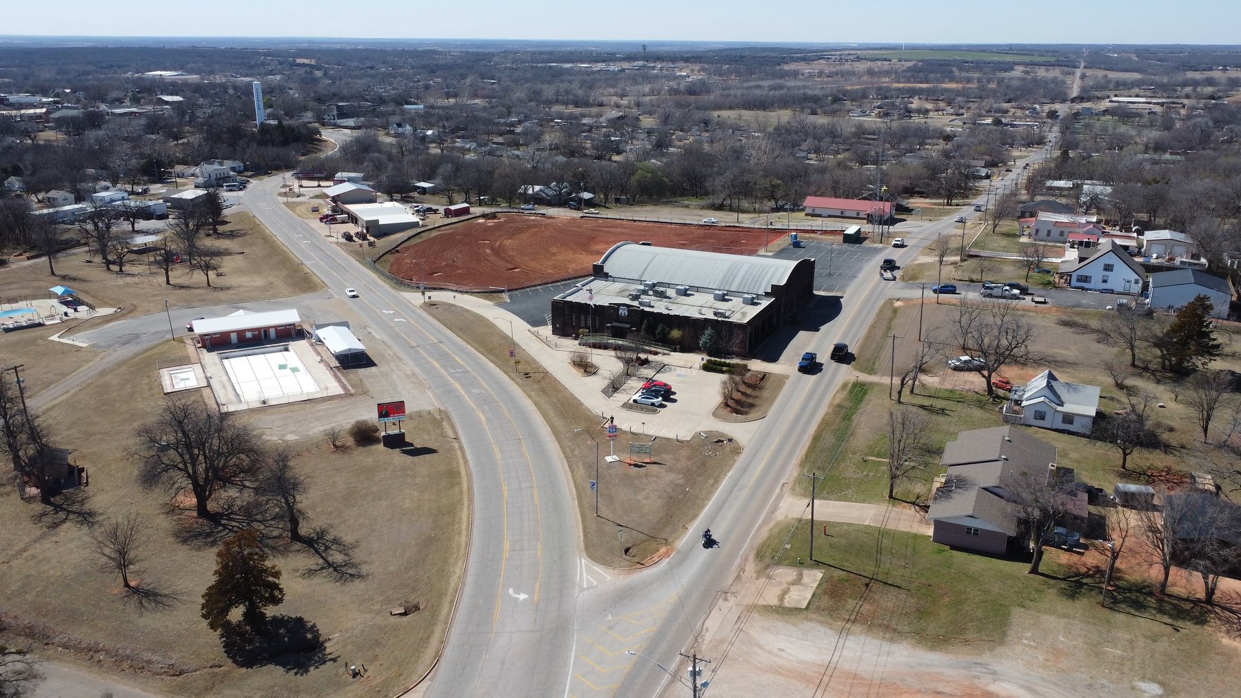 Aerial view of Chandler Oklahoma and the Route 66 Interpretive Center along the Mother Road