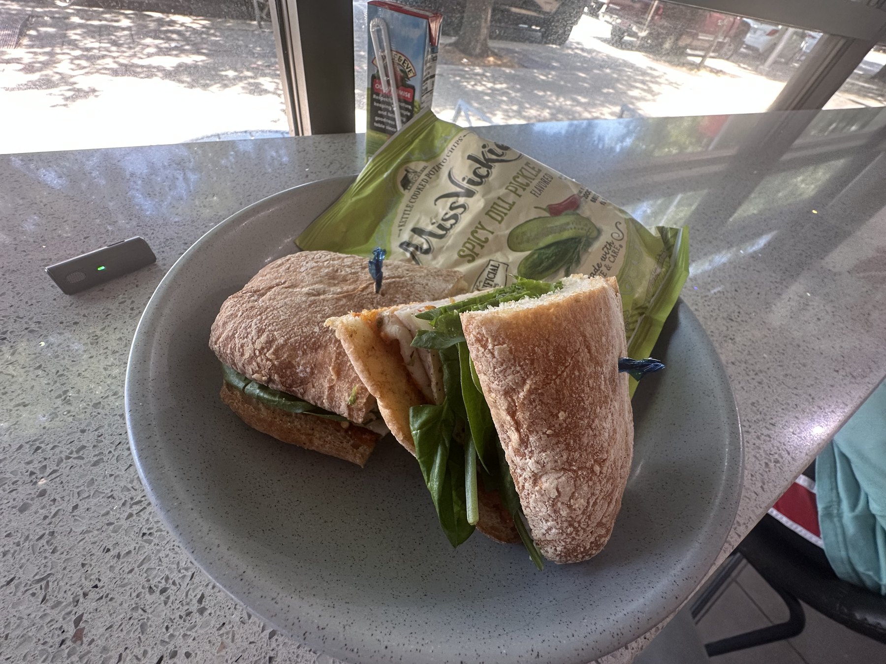 Sandwich with spinach and chips at The Blue Dolphin Cafe in Oklahoma City.