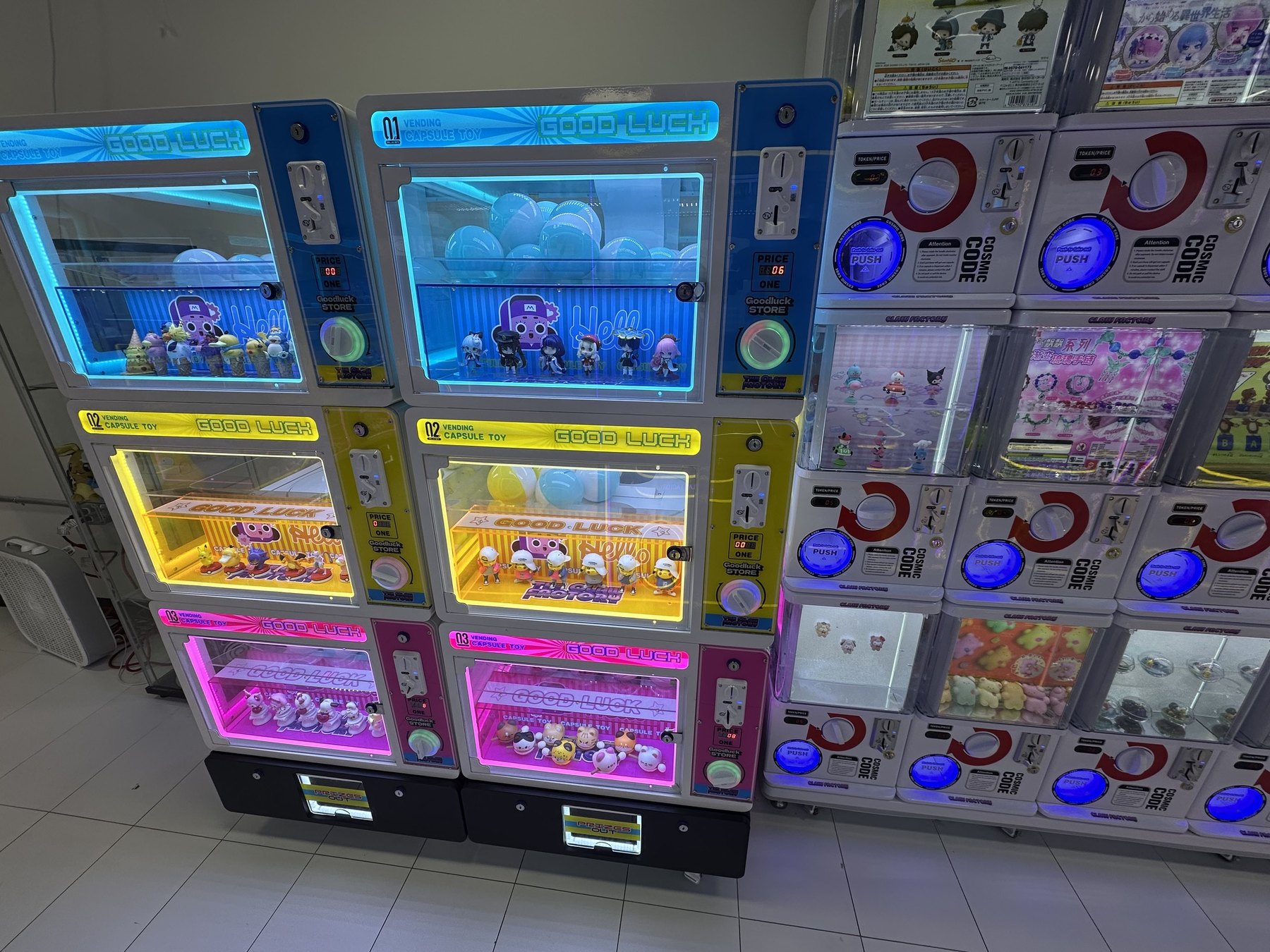 Gacha capsule machines and small prize machines at The Claw Factory in Edmond.