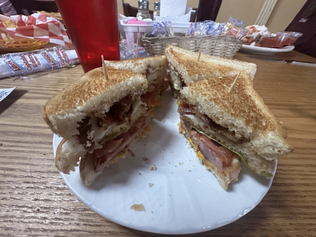 Toasted club-style sandwich cut in half at Anna's Coffee Cup and Cafe in Muskogee.