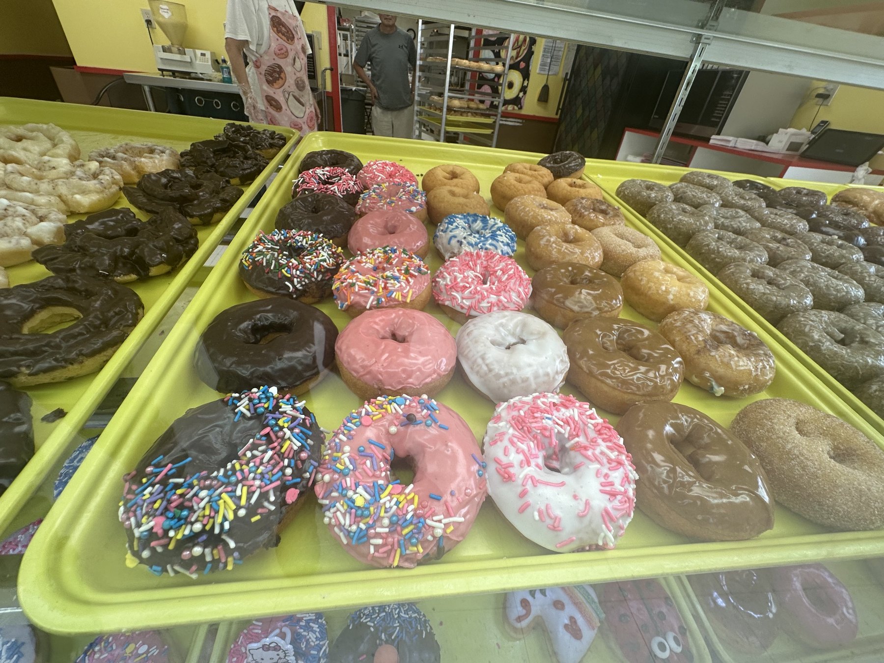 Colorful rows of donuts in the Wow Donuts display case in Edmond