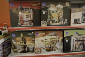 Shelves of boxed LEGO sets inside Bricksville in Oklahoma City.