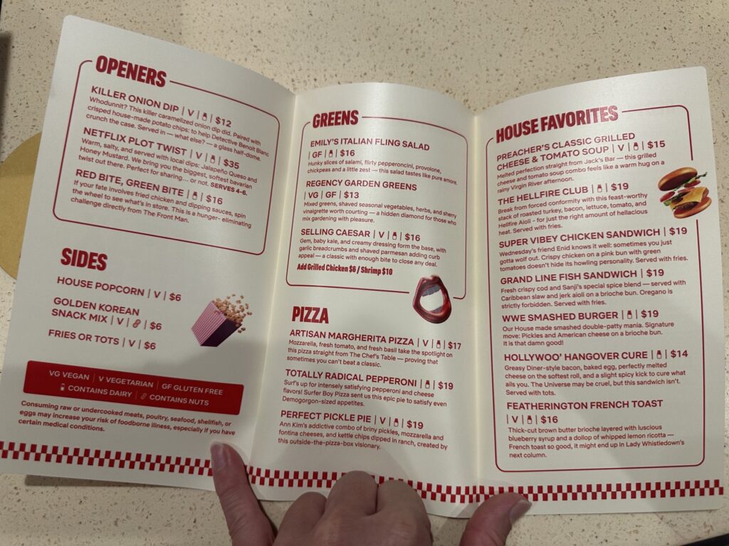Netflix Bites Dallas menu showing openers, sides, salads, pizza, and house favorites with prices