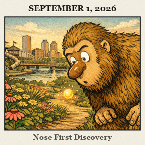 Bigfoot leaning nose-first toward a glowing orb hovering above a garden path at Gathering Place, Tulsa, with river and skyline behind.