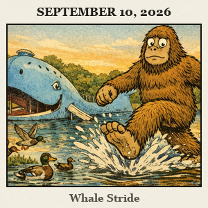 Bigfoot struts beside the Blue Whale of Catoosa; roadside icon, Route 66 vibe, sunny Oklahoma day.