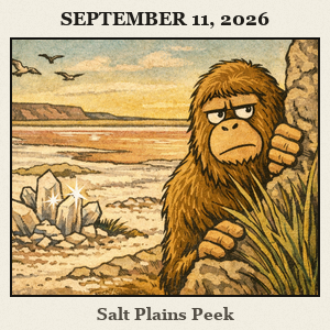 Bigfoot partially hidden behind a rock and plants at Great Salt Plains State Park, gazing at glistening crystals on white salt flats with a wide horizon.