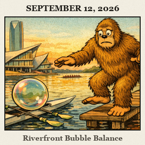 Bigfoot balances on a boathouse dock, careful not to pop a delicate soap bubble drifting near a rowing course with the Oklahoma River and city skyline in the background.