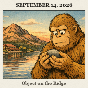 Bigfoot on a rocky ridge at Quartz Mountain State Park, holding a small smooth river stone with both hands and studying it, lake and lodge in the background under a wide western sky.