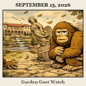 Bigfoot crouches on a stone path in Philbrook Gardens, reacting to a gust with a tilted sculpture and the historic villa in the background.