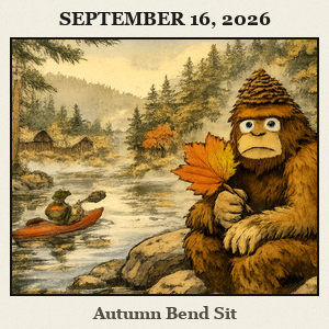 Bigfoot seated on a rock beside a forest river in Beavers Bend State Park, with pine woods and distant cabins; a kayaker glides on the water.