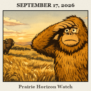 Bigfoot shielding his eyes, standing in endless prairie grass at Tallgrass Prairie Preserve, with rolling hills, bison in the distance, and a vast Oklahoma sky.