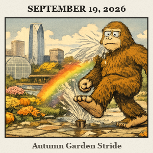 Bigfoot striding through Myriad Gardens in Oklahoma City, with crystal bridge conservatory, flower beds, fountains, garden paths, and the downtown skyline in view.
