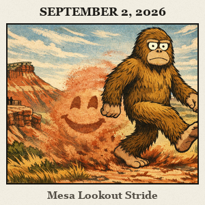 Bigfoot strides across Gloss Mountain State Park's mesa trail, red and white rock cliffs rising, wind sweeping the high plains around a dramatic lookout.