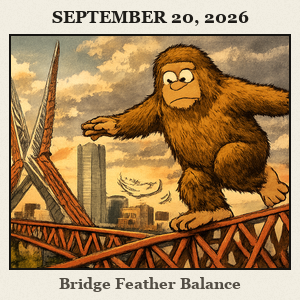 Bigfoot balances on the white Skydance Bridge with the downtown skyline and river trail visible under a dramatic Oklahoma sky.