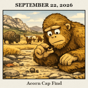 Bigfoot kneels on a rocky trail at Wichita Mountains Wildlife Refuge, examining a tiny acorn cap while granite hills and distant wildlife, including bison and longhorns, loom.