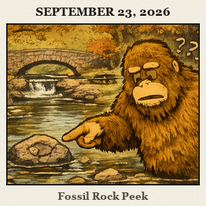 Bigfoot points at a rock shaped like a small fossil fish by Travertine Creek, with a shaded creek and stone bridge nearby in Chickasaw National Recreation Area.