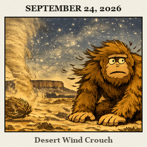 Bigfoot crouched on a desert mesa at Black Mesa State Park, wind-swept fur, a dust devil, tumbleweed, and a starry night on the horizon.